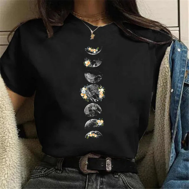 Ladies' Moon Space Print T-Shirt â€?Comfy Cotton Blend, Perfect for Summer Mssza