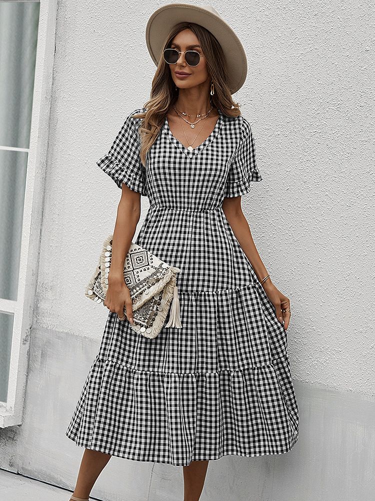 Vintage Plaid Slim Ruffles High Waist Midi Sundress Mssaz Desses