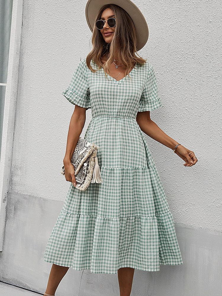 Vintage Plaid Slim Ruffles High Waist Midi Sundress Mssaz Desses