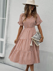 Vintage Plaid Slim Ruffles High Waist Midi Sundress Mssaz Desses