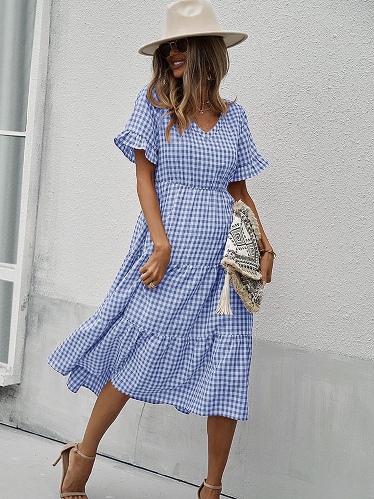 Vintage Plaid Slim Ruffles High Waist Midi Sundress Mssaz Desses