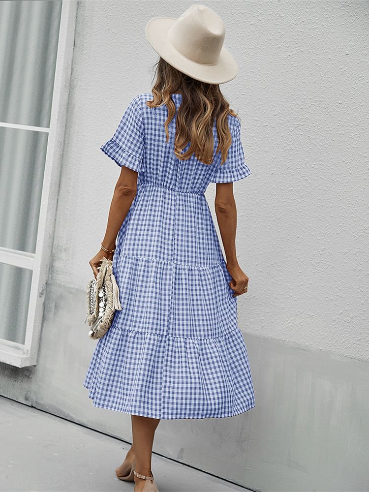 Vintage Plaid Slim Ruffles High Waist Midi Sundress Mssaz Desses