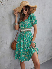 Bohemian Short Floral Print Elastic Waist Dress Mssaz Desses