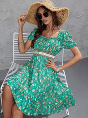 Bohemian Short Floral Print Elastic Waist Dress Mssaz Desses
