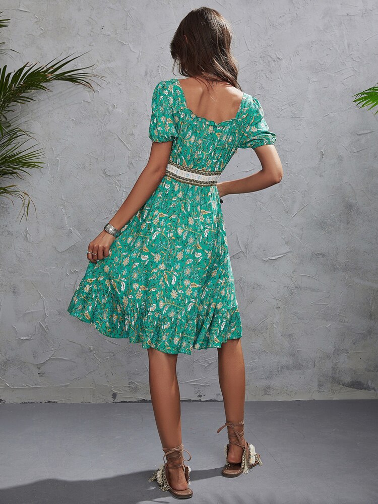 Bohemian Short Floral Print Elastic Waist Dress Mssaz Desses