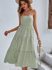 Boho Plaid Backless Casual Ruffles Party Beach Sundress Mssaz Desses