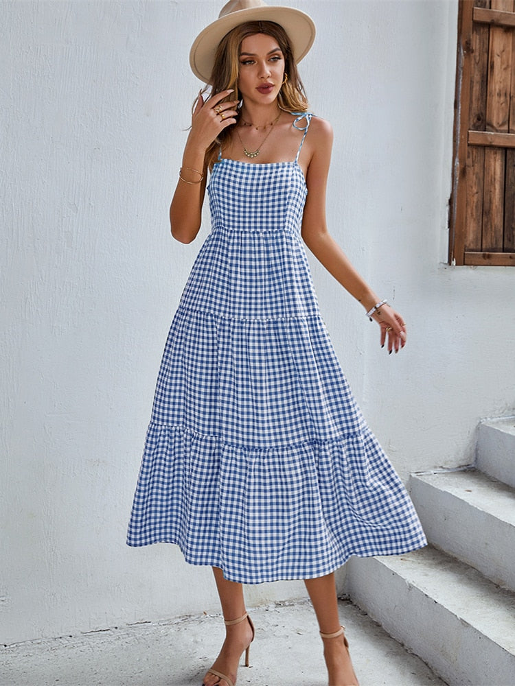Boho Plaid Backless Casual Ruffles Party Beach Sundress Mssaz Desses