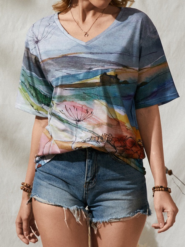 Landscape Prints Short Sleeve Loose V-neck Casual T-Shirt Mssza