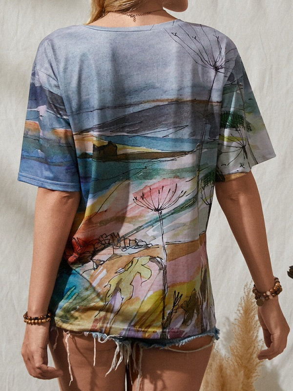 Landscape Prints Short Sleeve Loose V-neck Casual T-Shirt Mssza