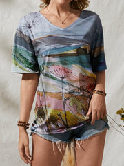 Landscape Prints Short Sleeve Loose V-neck Casual T-Shirt Mssza