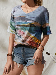 Landscape Prints Short Sleeve Loose V-neck Casual T-Shirt Mssza