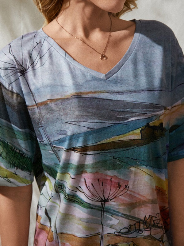 Landscape Prints Short Sleeve Loose V-neck Casual T-Shirt Mssza