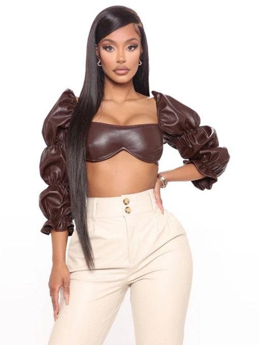 Lantern Sleeve Cropped Solid Blouse Mssza