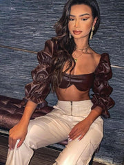 Lantern Sleeve Cropped Solid Blouse Mssza
