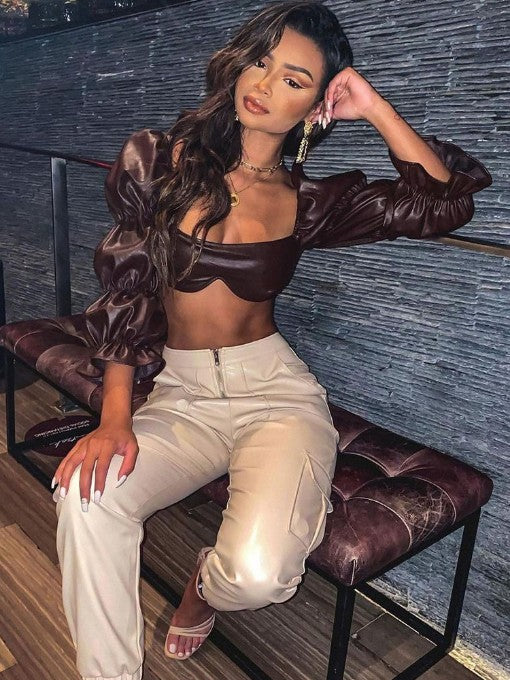 Lantern Sleeve Cropped Solid Blouse Mssza