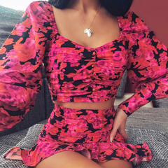 Lantern Sleeve Cropped Tops Mini Skirt Sets Mssza