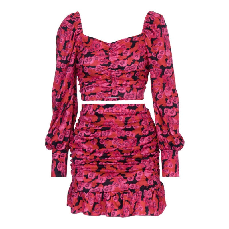 Lantern Sleeve Cropped Tops Mini Skirt Sets Mssza