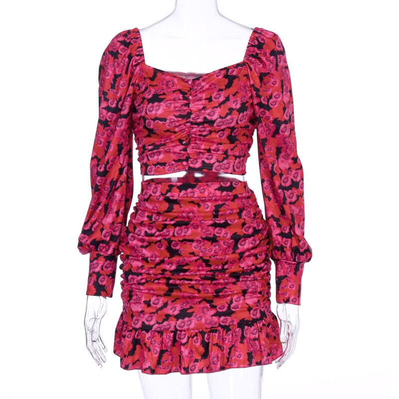 Lantern Sleeve Cropped Tops Mini Skirt Sets Mssza