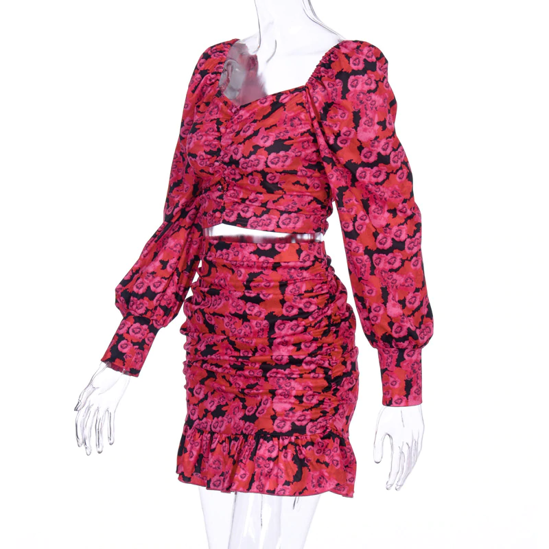 Lantern Sleeve Cropped Tops Mini Skirt Sets Mssza