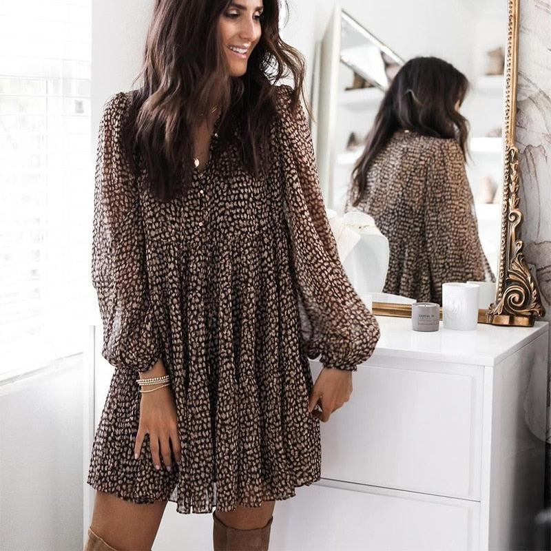 Casual V-neck Long Sleeve Button Mini Dress Mssaz Desses