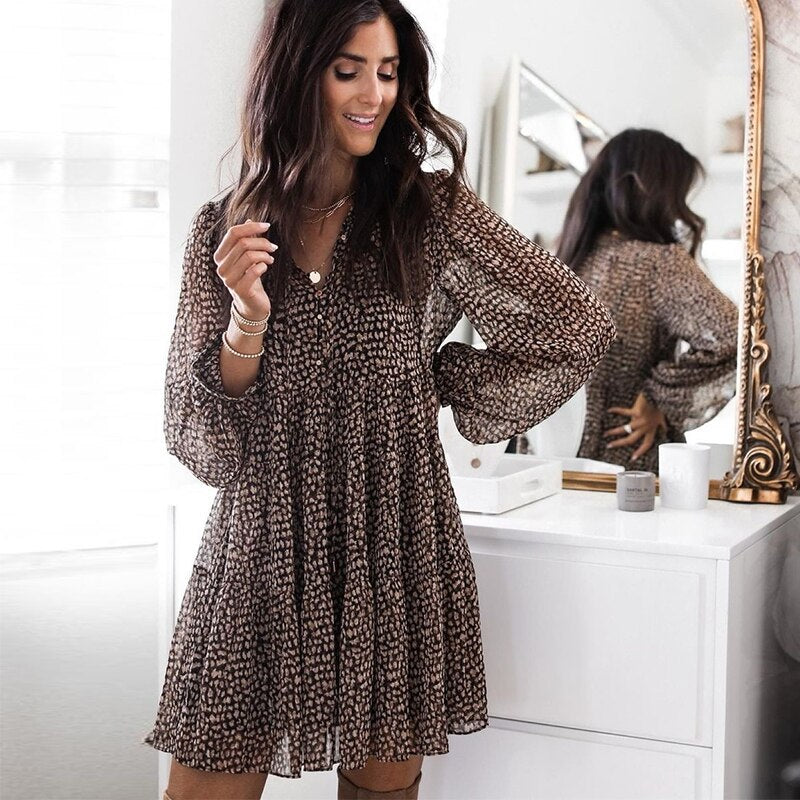 Casual V-neck Long Sleeve Button Mini Dress Mssaz Desses