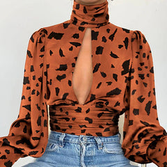 Lantern Sleeve Leopard Print Turtleneck Satin Silk Blouses Mssza