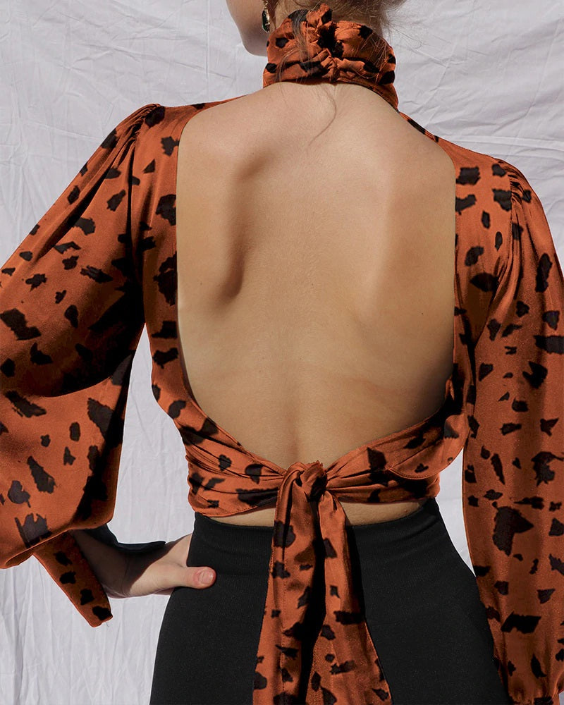 Lantern Sleeve Leopard Print Turtleneck Satin Silk Blouses Mssza
