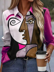 Lapel Basic Long Sleeve Abstract Face Printed Blouse Shirt Mssza