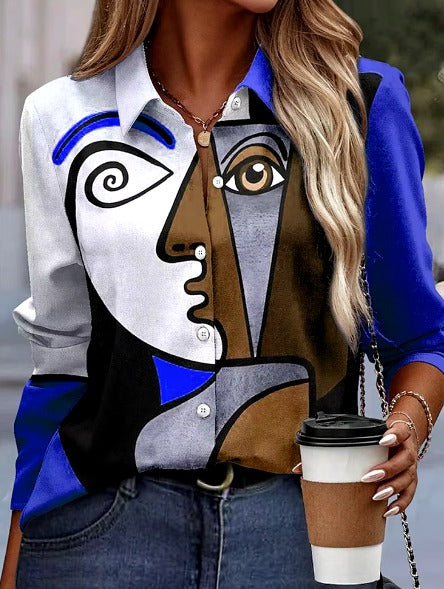 Lapel Basic Long Sleeve Abstract Face Printed Blouse Shirt Mssza