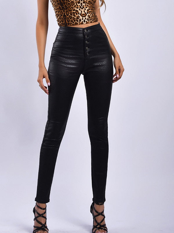 Leggings Leather Like High Waisted Button Skinny Leggings Mssza