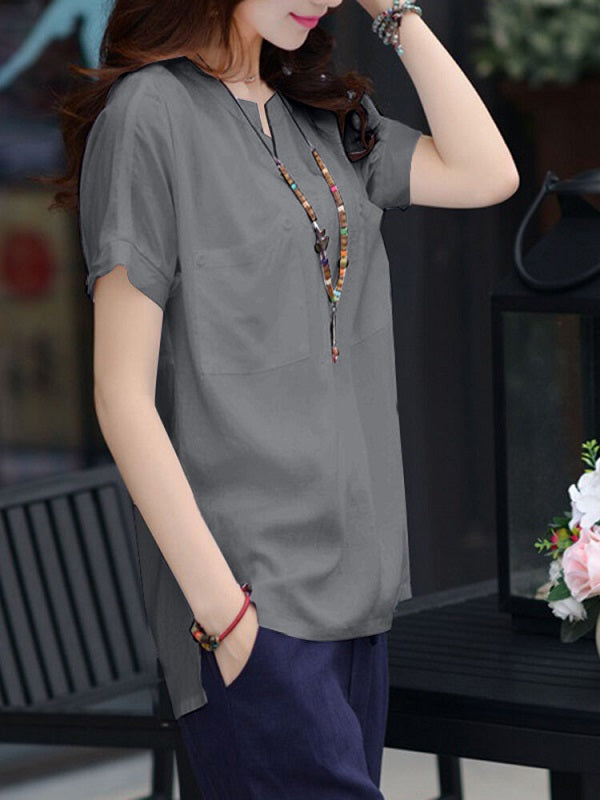 Leisure Pocket Button Short Sleeve V Neck Blouse Mssza