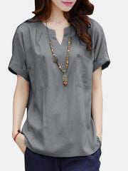 Leisure Pocket Button Short Sleeve V Neck Blouse Mssza