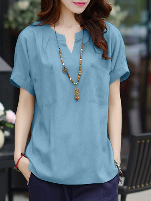 Leisure Pocket Button Short Sleeve V Neck Blouse Mssza