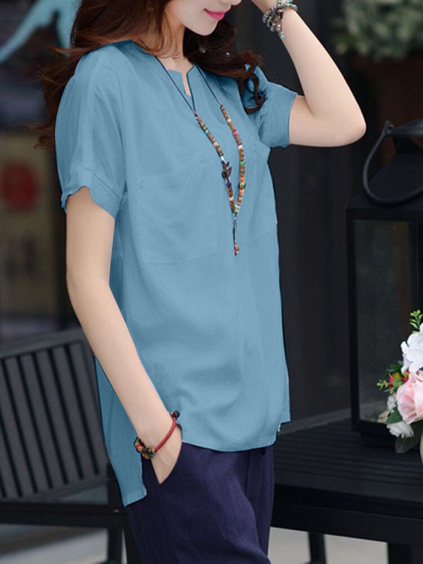 Leisure Pocket Button Short Sleeve V Neck Blouse Mssza