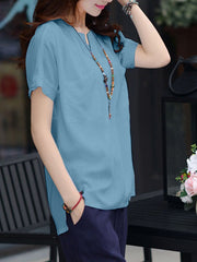 Leisure Pocket Button Short Sleeve V Neck Blouse Mssza