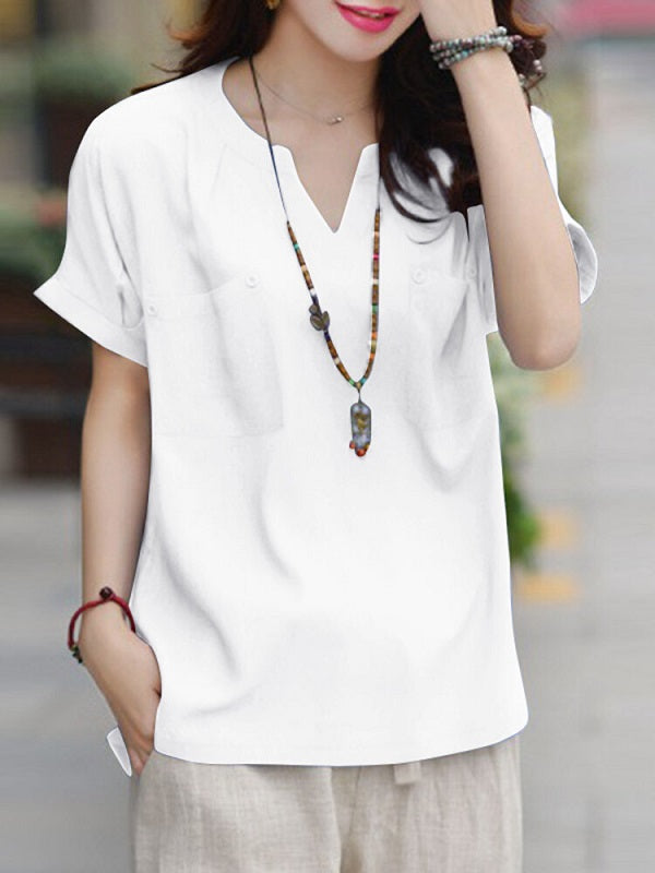 Leisure Pocket Button Short Sleeve V Neck Blouse Mssza