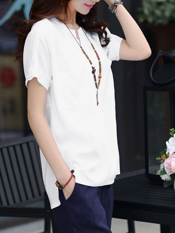 Leisure Pocket Button Short Sleeve V Neck Blouse Mssza