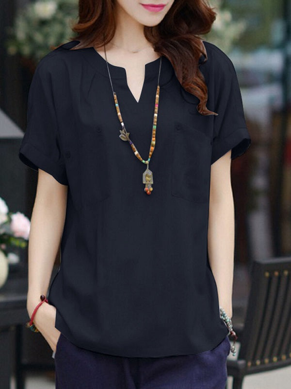 Leisure Pocket Button Short Sleeve V Neck Blouse Mssza