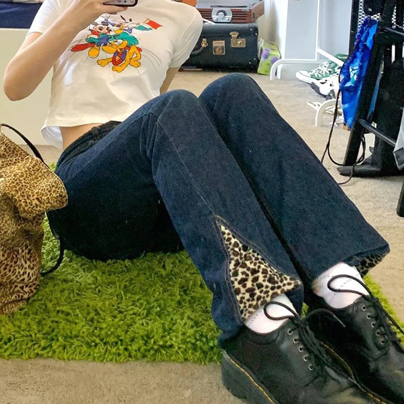 Leopard Patchwork Skinny Casual Pocket Denim Jeans Mssza