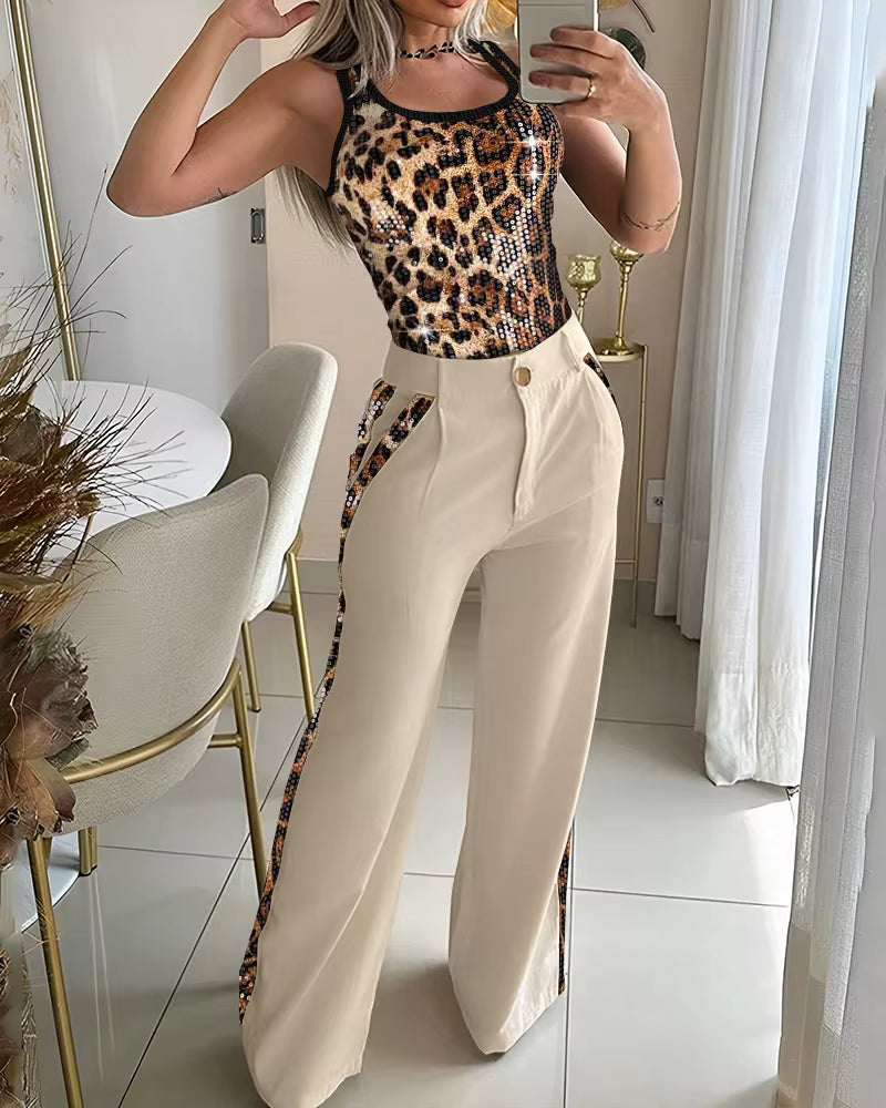 Leopard Pattern Contrast Sequin Thick Strap Tank Top And Wide Leg Pants 2 Piece Set Mssza