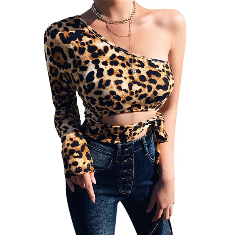 Leopard Print Lace Up Hollow Out One Shoulder Cropped Tops Mssza