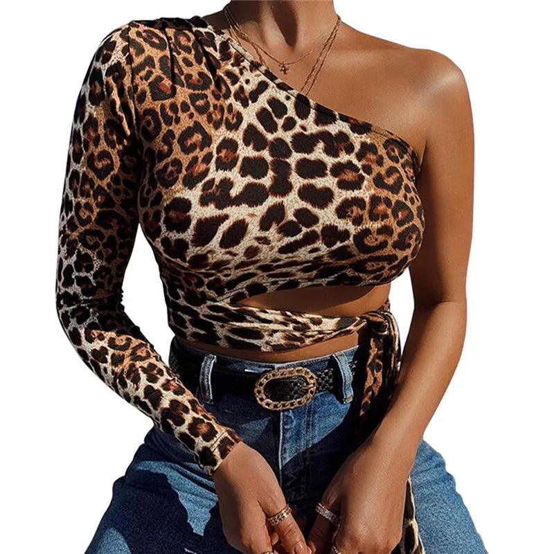 Leopard Print Lace Up Hollow Out One Shoulder Cropped Tops Mssza