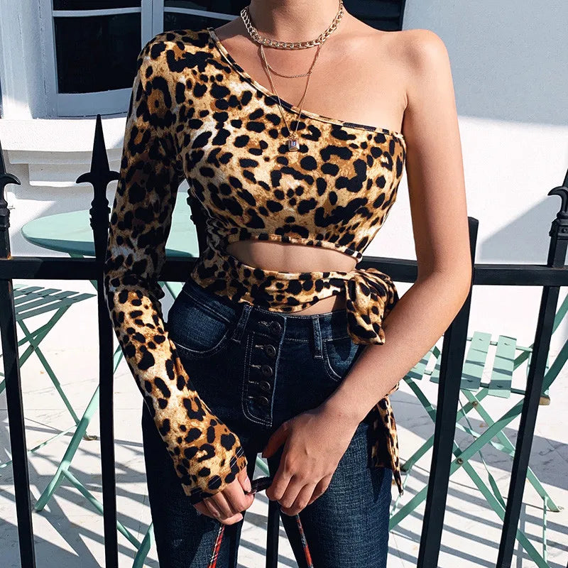 Leopard Print Lace Up Hollow Out One Shoulder Cropped Tops Mssza