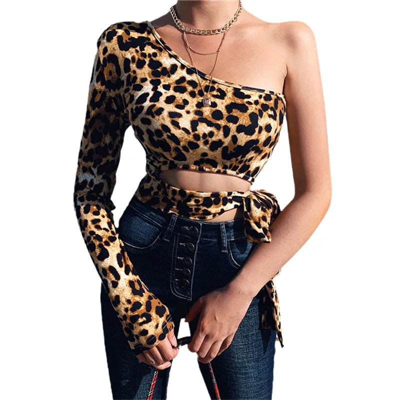 Leopard Print Lace Up Hollow Out One Shoulder Cropped Tops Mssza