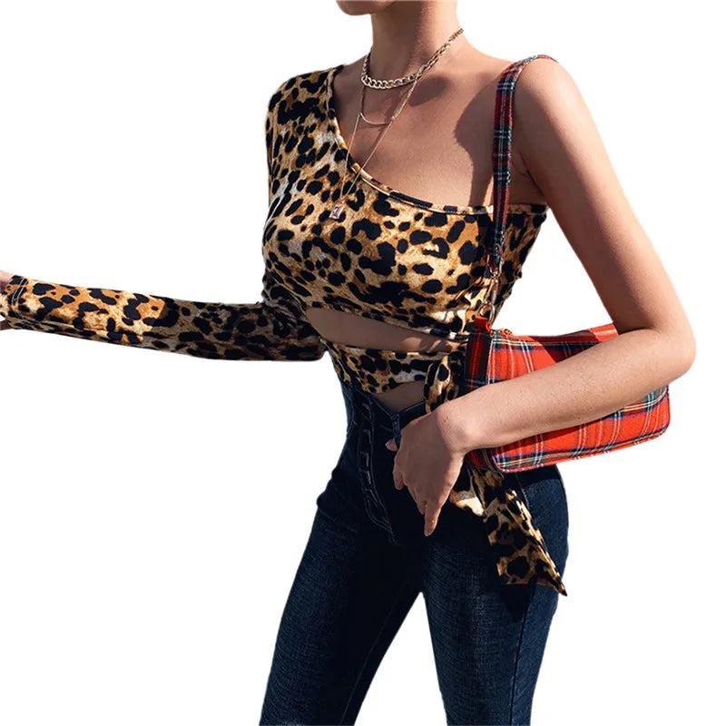 Leopard Print Lace Up Hollow Out One Shoulder Cropped Tops Mssza