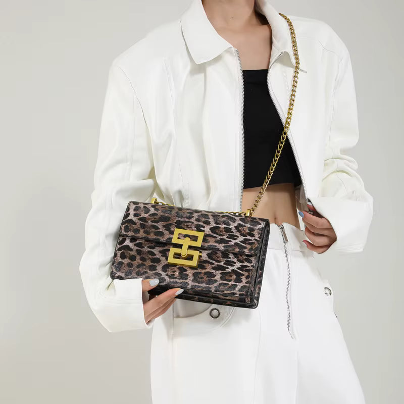 Leopard print PU Leather Chain Mobile Phone Purses Crossbody Handbag Mssza