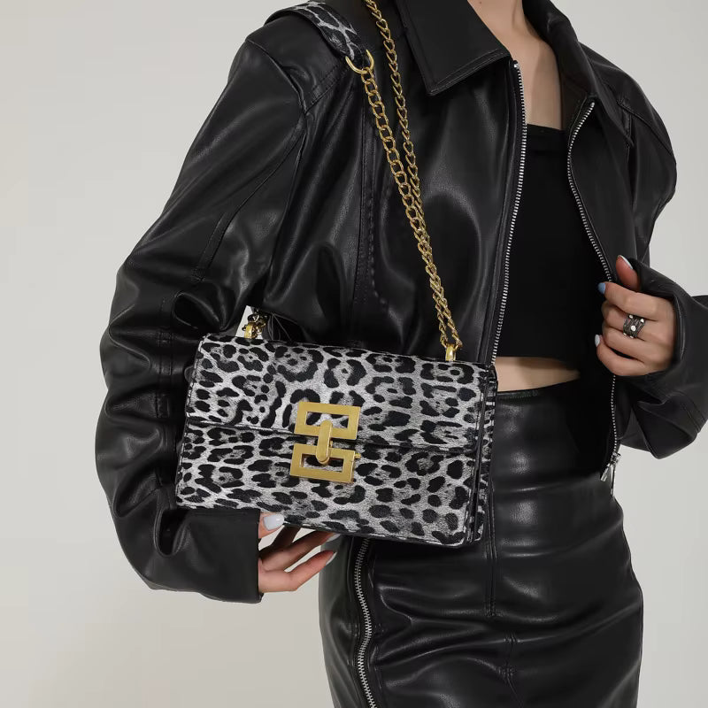 Leopard print PU Leather Chain Mobile Phone Purses Crossbody Handbag Mssza