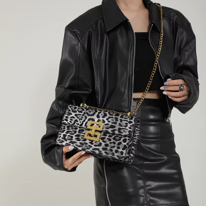 Leopard print PU Leather Chain Mobile Phone Purses Crossbody Handbag Mssza