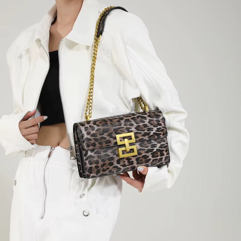 Leopard print PU Leather Chain Mobile Phone Purses Crossbody Handbag Mssza