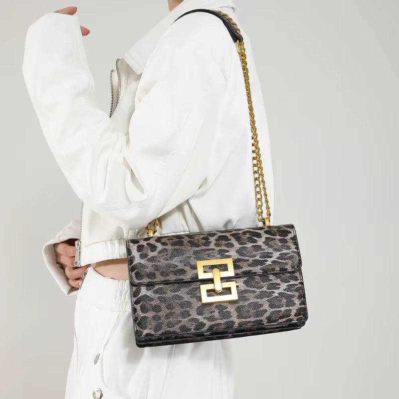 Leopard print PU Leather Chain Mobile Phone Purses Crossbody Handbag Mssza
